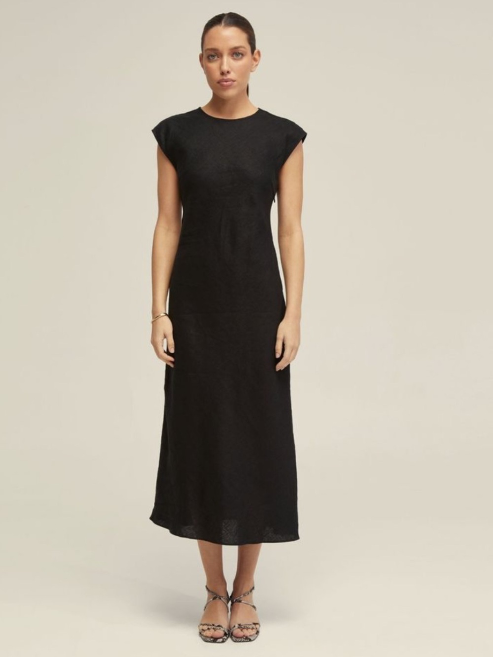 EVERLANE Classic Black linen Cap-Sleeve Midi Dress